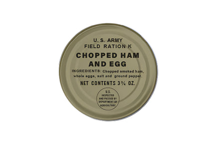 K Ration Cans Chopped Ham and Eggs (O.D Can with Black Text) Rations Frontline Rations