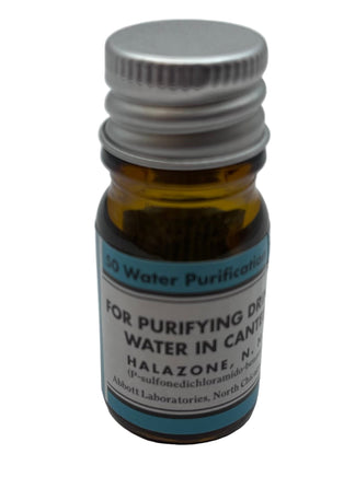 Halazone Bottle 50 Tablets (10 in 1 Ration) Round with Blue Label Rations Frontline Rations