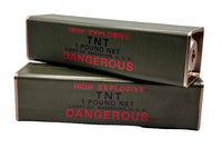 Two high explosive TNT containers with 'DANGEROUS' label on a white background