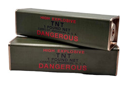 Two high explosive TNT containers with 'DANGEROUS' label on a white background