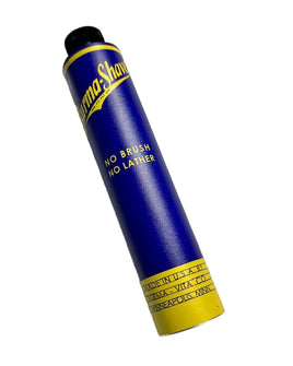Blue and yellow tube with Burma Shave branding on a white background