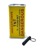 Yellow canister labeled 'High Explosive TNT Dangerous' with a black lighter on a white background
