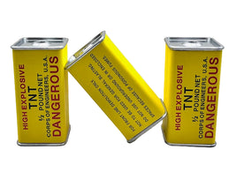 Three yellow cans labeled 'High Explosive TNT Dangerous' on a white background