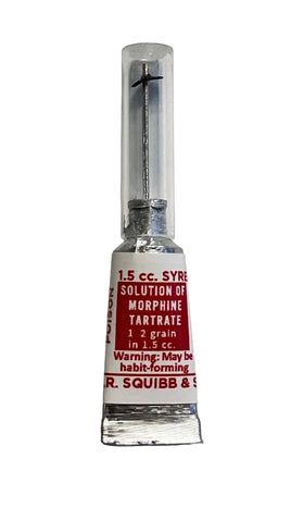 Vial labeled 'Solution of Morphine Tartrate' with red text on a gray background