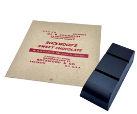  chocolate bar with a vintage-style promotional card for Rockwood's Sweet Chocolate on a white background.