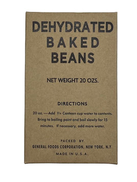 Box of dehydrated baked beans with directions on a white background