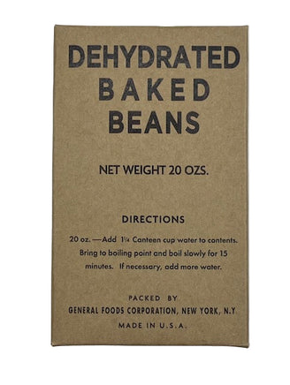 Box of dehydrated baked beans with directions on a white background