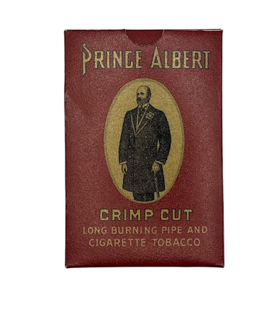 Vintage Prince Albert crimp cut tobacco package with a portrait of a man in a suit.