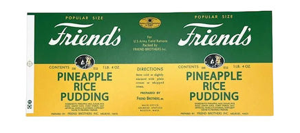 Vintage Friends Pineapple Rice Pudding box packaging, showing a green and yellow label with the brand name 'Friends' and product details.
