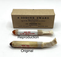 A vintage cardboard box labeled '6 IODINE SWABS' with two iodine swab tubes shown in front, one labeled 'Reproduction' and one 'Original', on a white background.
