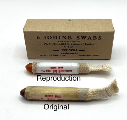 A vintage cardboard box labeled '6 IODINE SWABS' with two iodine swab tubes shown in front, one labeled 'Reproduction' and one 'Original', on a white background.