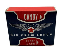 A vintage Air Force Candy Air Crew Lunch Fudge & Gum box, featuring a navy blue and red design with white text and a winged star logo.