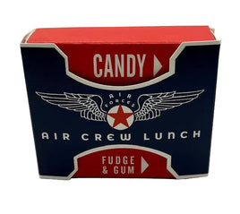 A vintage Air Force Candy Air Crew Lunch Fudge & Gum box, featuring a navy blue and red design with white text and a winged star logo.