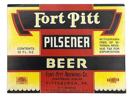 A vintage Fort Pitt Pilsener Beer label or box front, shown flat against a plain white background. The design features bold black and red sections with cream lettering.