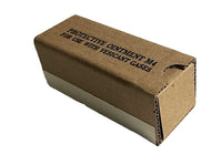 Cardboard box with text 'Protective Ointment M4 for use with vesicant cases' on a beige background