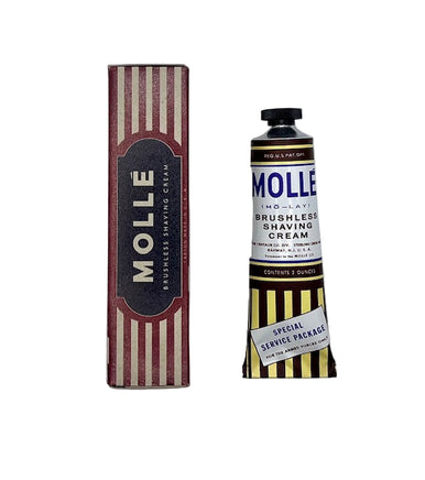 Molle shaving cream tube and packaging on a white background