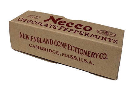 Necco Chocolate Peppermints packaging on a beige background