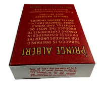 Red and gold Prince Albert tobacco packaging with text on a white background