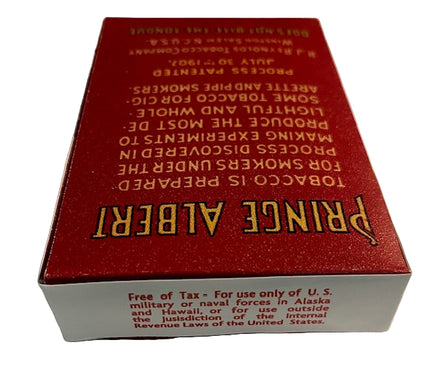 Red and gold Prince Albert tobacco packaging with text on a white background