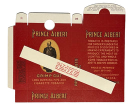 Vintage Prince Albert tobacco packaging with a red background and white text.