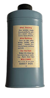 Blue Williams Talcum powder tin with a label on a white background