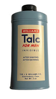 Talc for men container with 'Williams' branding on a beige background