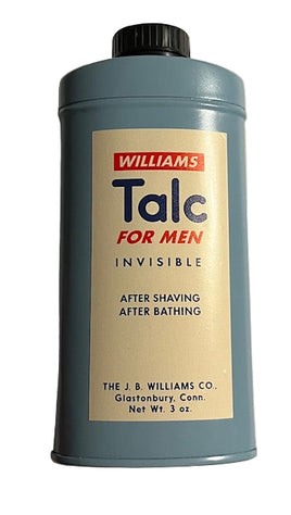 Talc for men container with 'Williams' branding on a beige background