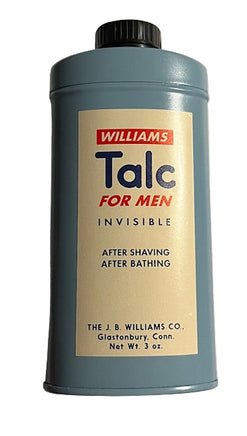 Talc for men container with 'Williams' branding on a beige background